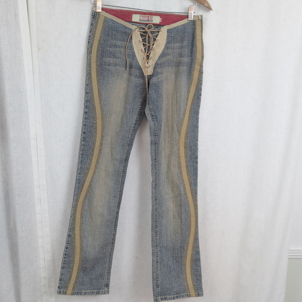 Vintage Indigo-Red Front Tie Side Zip Stitched Jeans 28